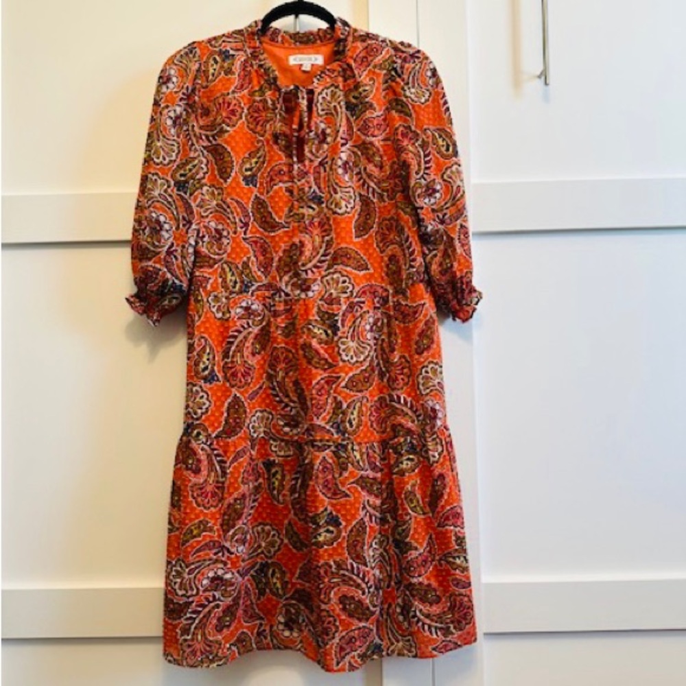NANETTE Dress Pretty Orange Paisley Ruffled Neck Ties L/S Sz 12